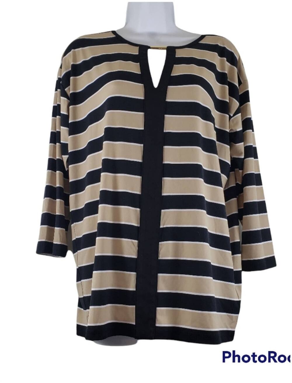 Michael Kors Tan & Black 3/4 Sleeve Keyhole Front Size Medium Blouse